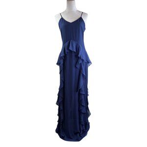 Parker Black Chiffon Ruffle Spaghetti Strap Formal Dress Blue Size 8 NWT $418